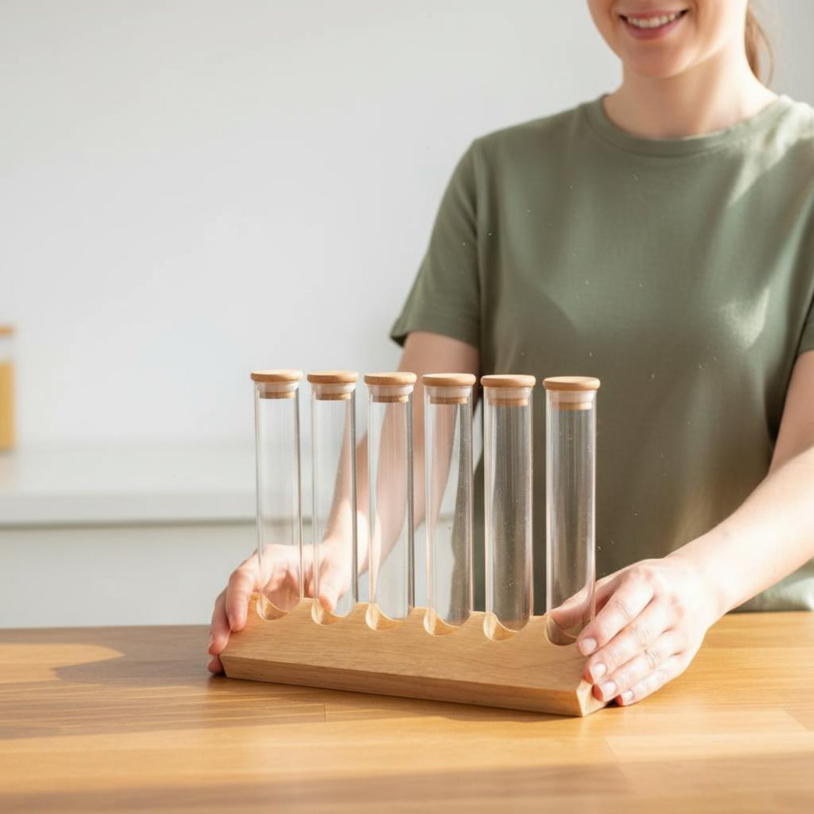 Glass Tube Container Set with  - Display Stand Wood recension och pris